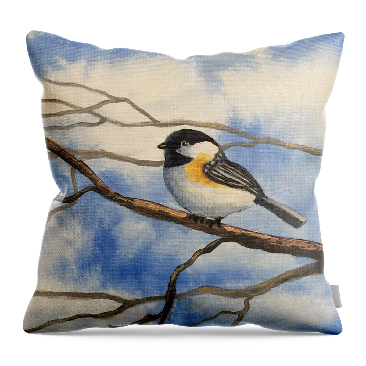 Chickadee Throw Pillow featuring the painting Chickadee on Branch by Brenda Bonfield