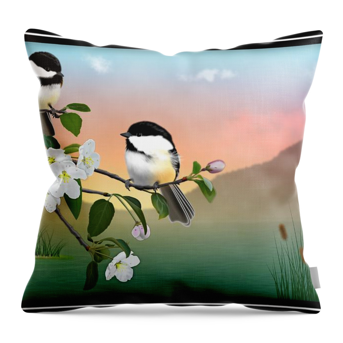 Chickadee Throw Pillow featuring the digital art Chickadees and Apple Blossoms by John Wills