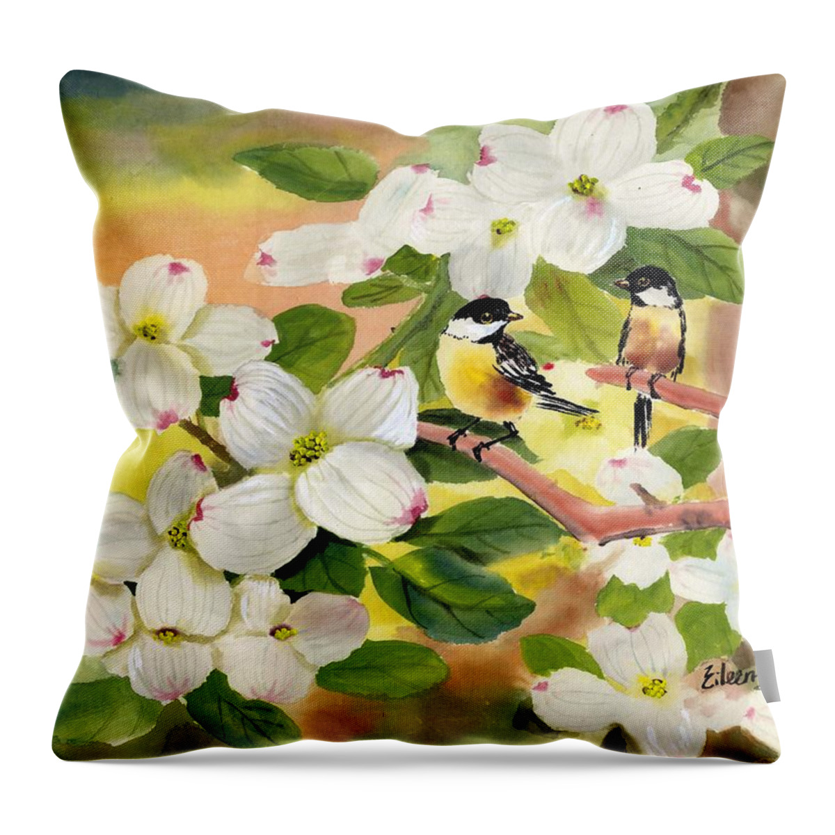 Chickadees Throw Pillow featuring the painting Chickadees in the Dogwood Tree by Eileen Fong