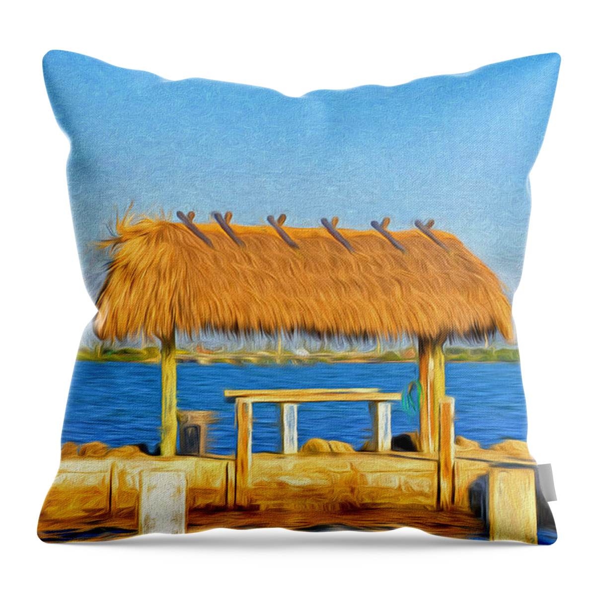 Thatch Throw Pillow featuring the photograph Chickee Hut at Parmer's Resort in Florida Keys by Ginger Wakem