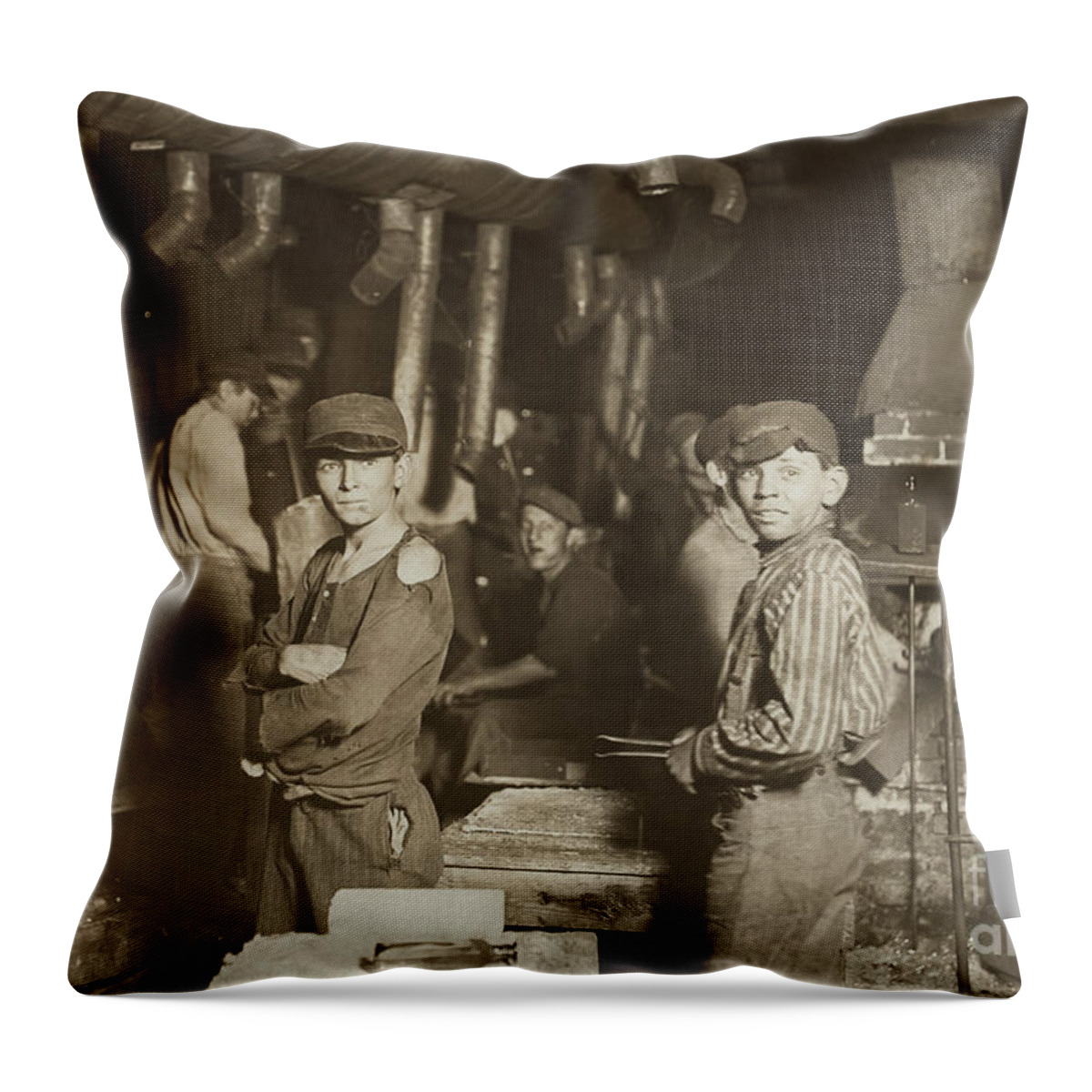 Lewis Wickes Hine Throw Pillow featuring the painting Child laborers in glassworks by Celestial Images