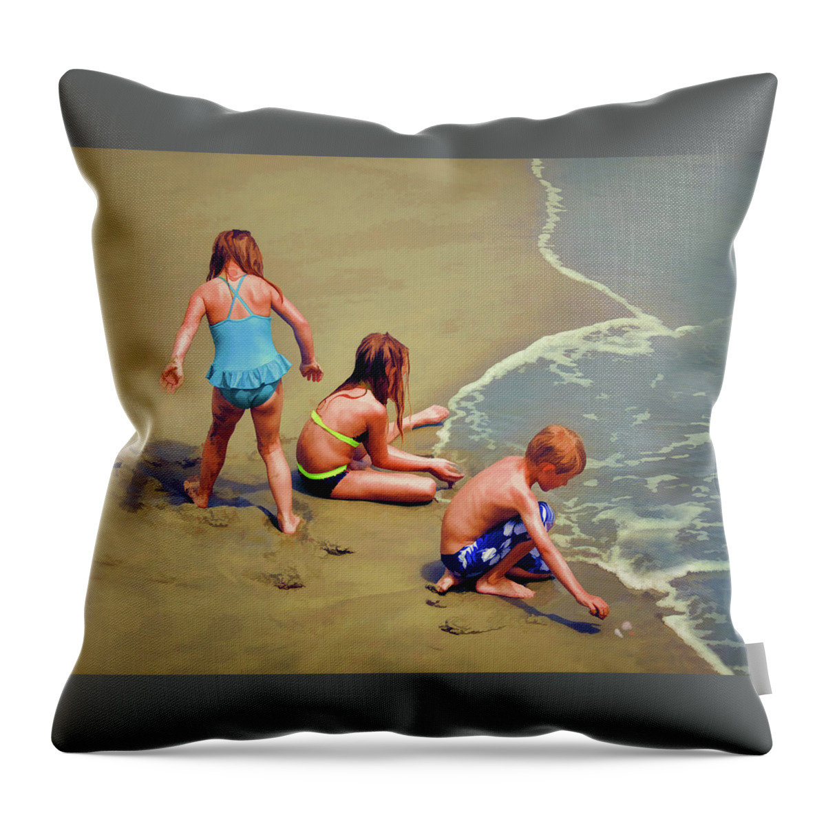 Childrens Shell Hunting At The Beach Throw Pillow featuring the photograph Childrens Shell Hunting At The Beach by Sandi OReilly