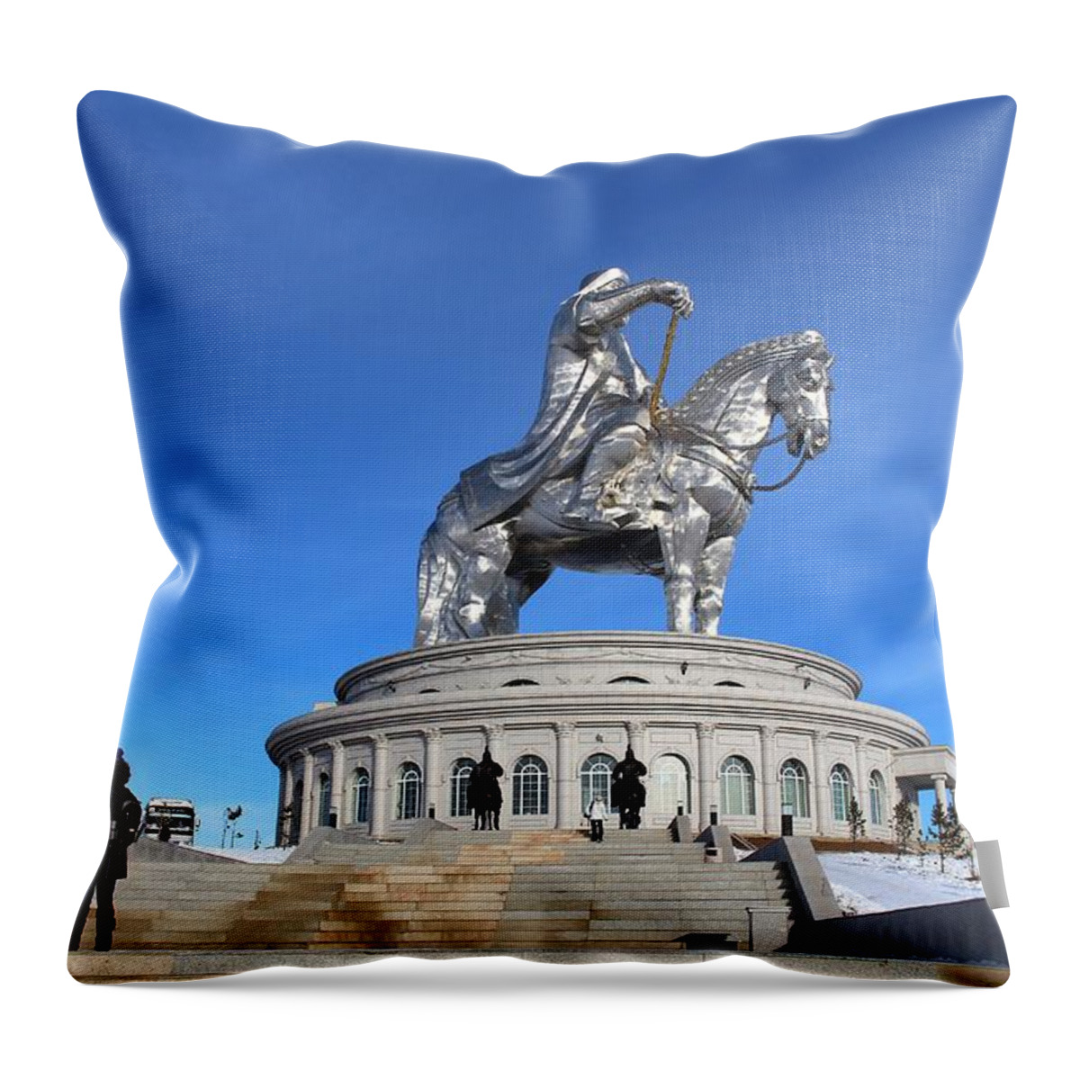Ulaanbaatar Throw Pillow featuring the photograph Chinggis Khan statue/Tsagaan sar by Diane Height