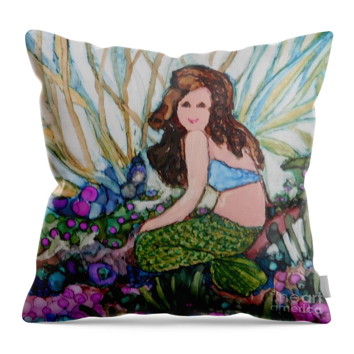 Tiny Mermaid Painted Just For Fun On 4 Square Tile Using Bright Colored Alcohol Ink. Throw Pillow featuring the painting Chloe by Joan Clear