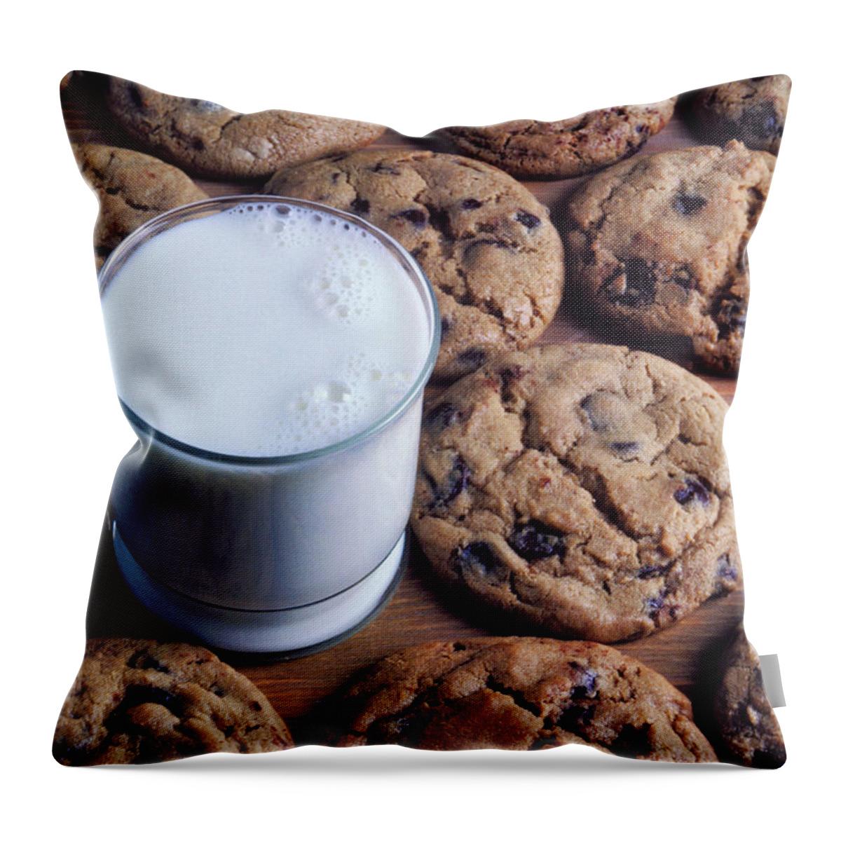 Chocolate Chip Throw Pillow featuring the photograph Chocolate chip cookies and glass of milk by Garry Gay