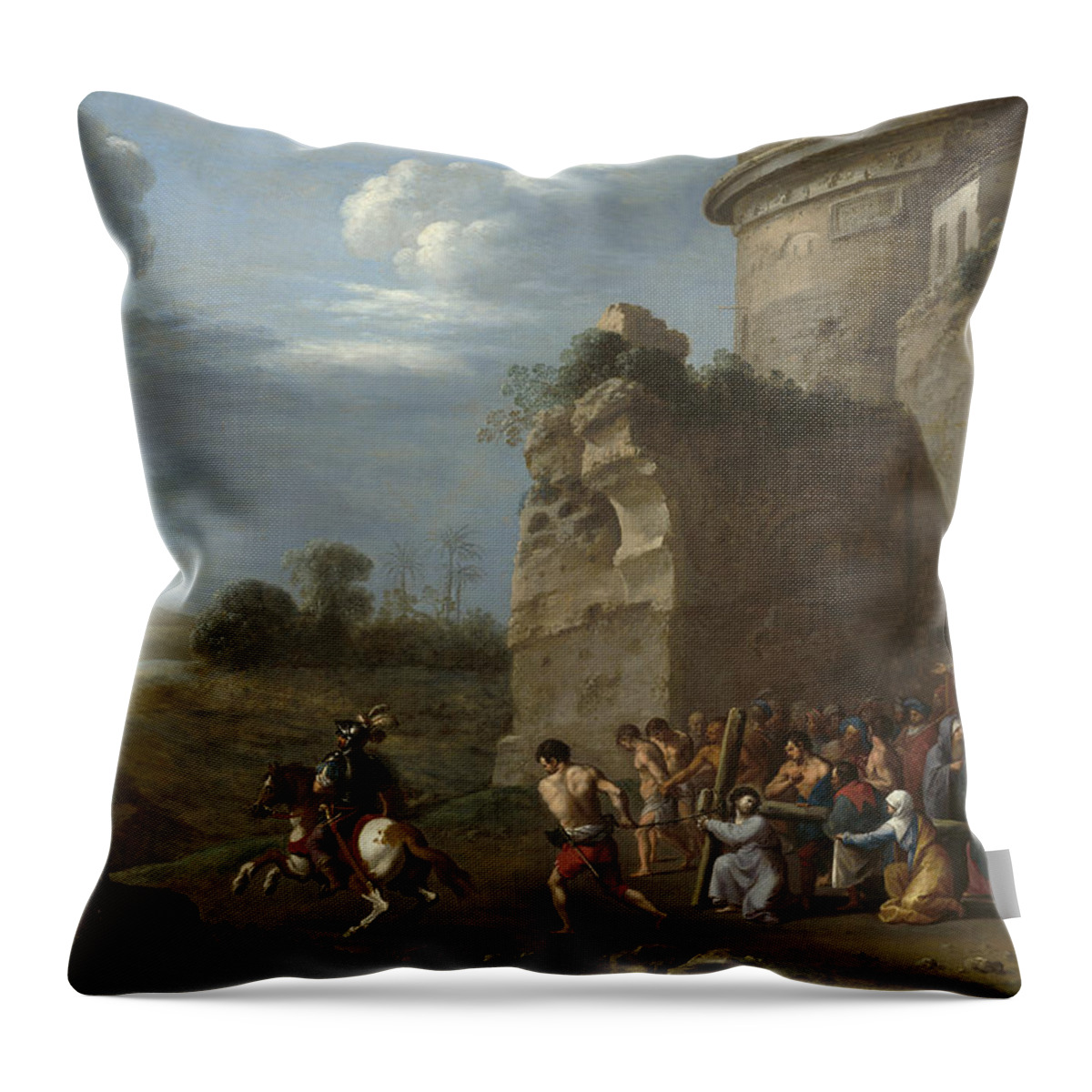 Cornelius Van Poelenburgh Throw Pillow featuring the painting Christ Carrying the Cross by Cornelius van Poelenburgh