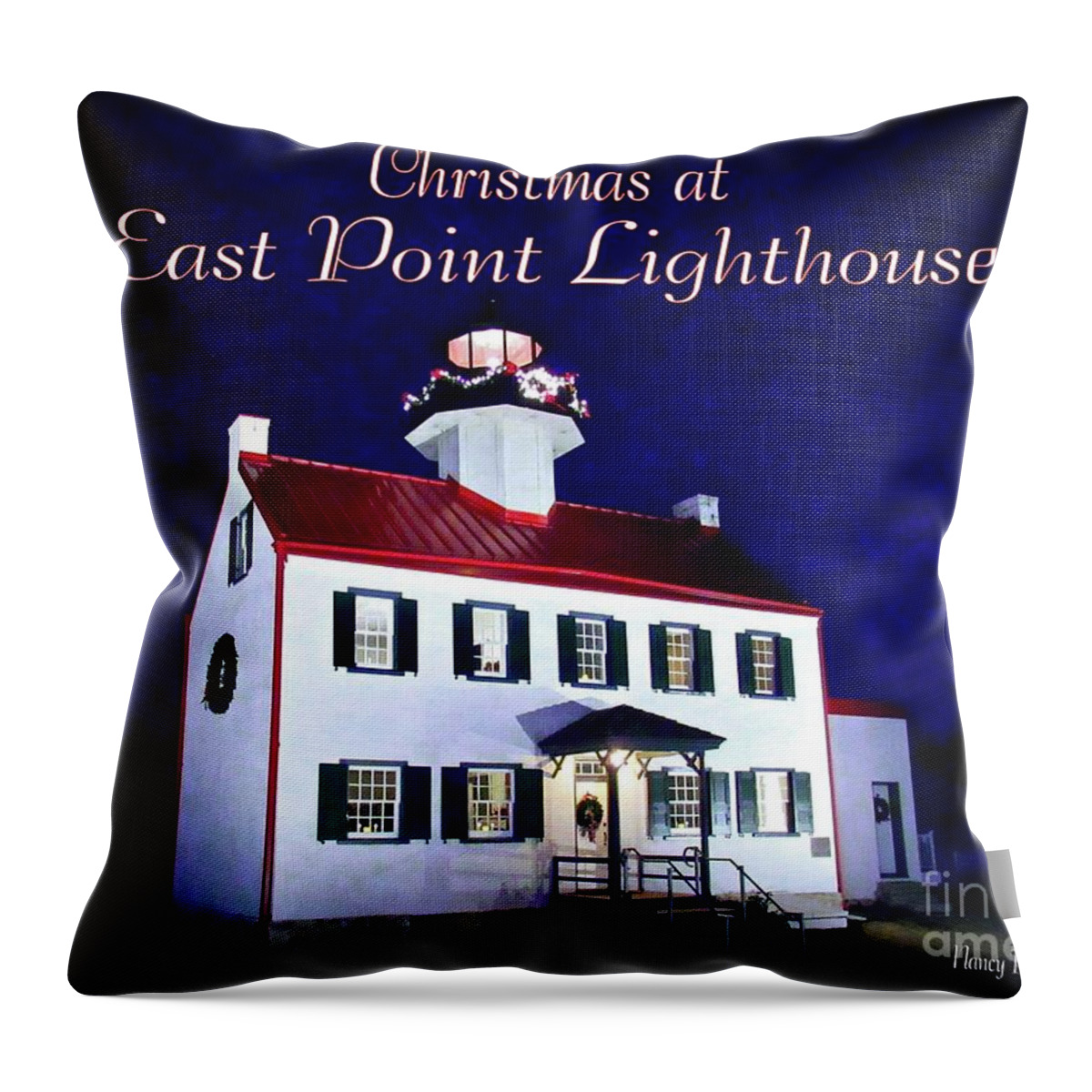 East Point Lighthouse Throw Pillow featuring the mixed media Christmas at East Point Lighthouse 2 by Nancy Patterson