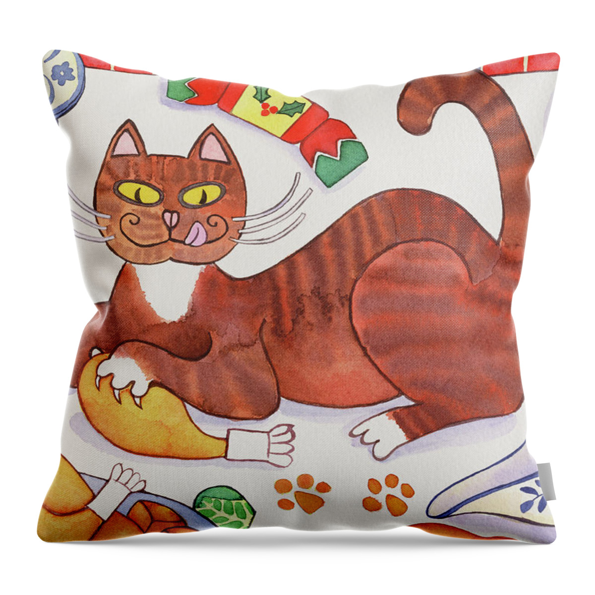 Cat Throw Pillow featuring the painting Christmas Cat and the Turkey by Cathy Baxter