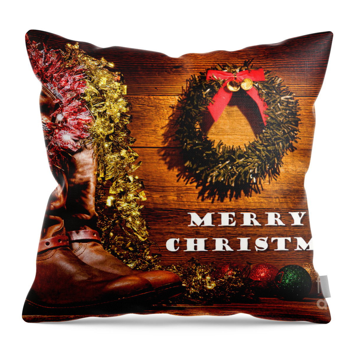 Merry Throw Pillow featuring the photograph Christmas Cowboy Boots - Merry Christmas by Olivier Le Queinec