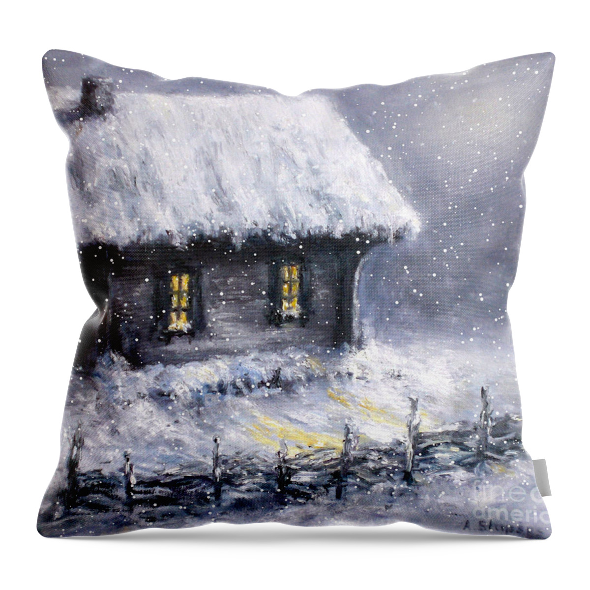 Landscape Throw Pillow featuring the painting Christmas eve by Arturas Slapsys