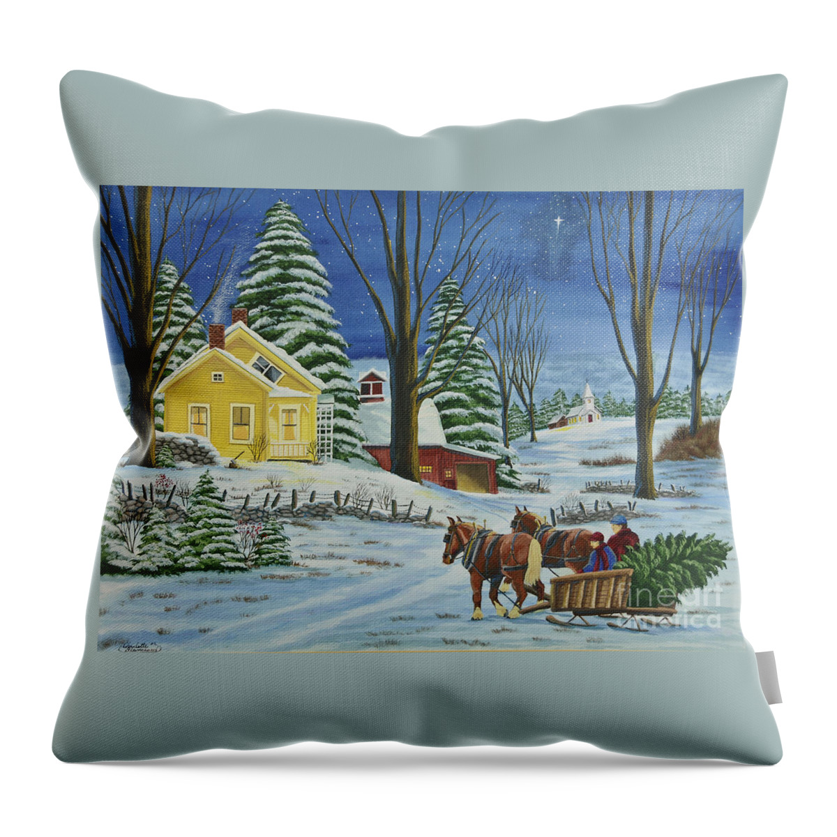 Winter Scene Paintings Throw Pillow featuring the painting Christmas Eve In The Country by Charlotte Blanchard