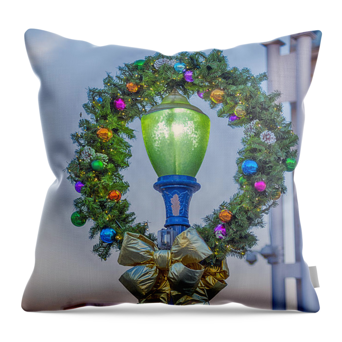 Long Beach Throw Pillow featuring the photograph Christmas Holiday Wreath with Balls by David Zanzinger