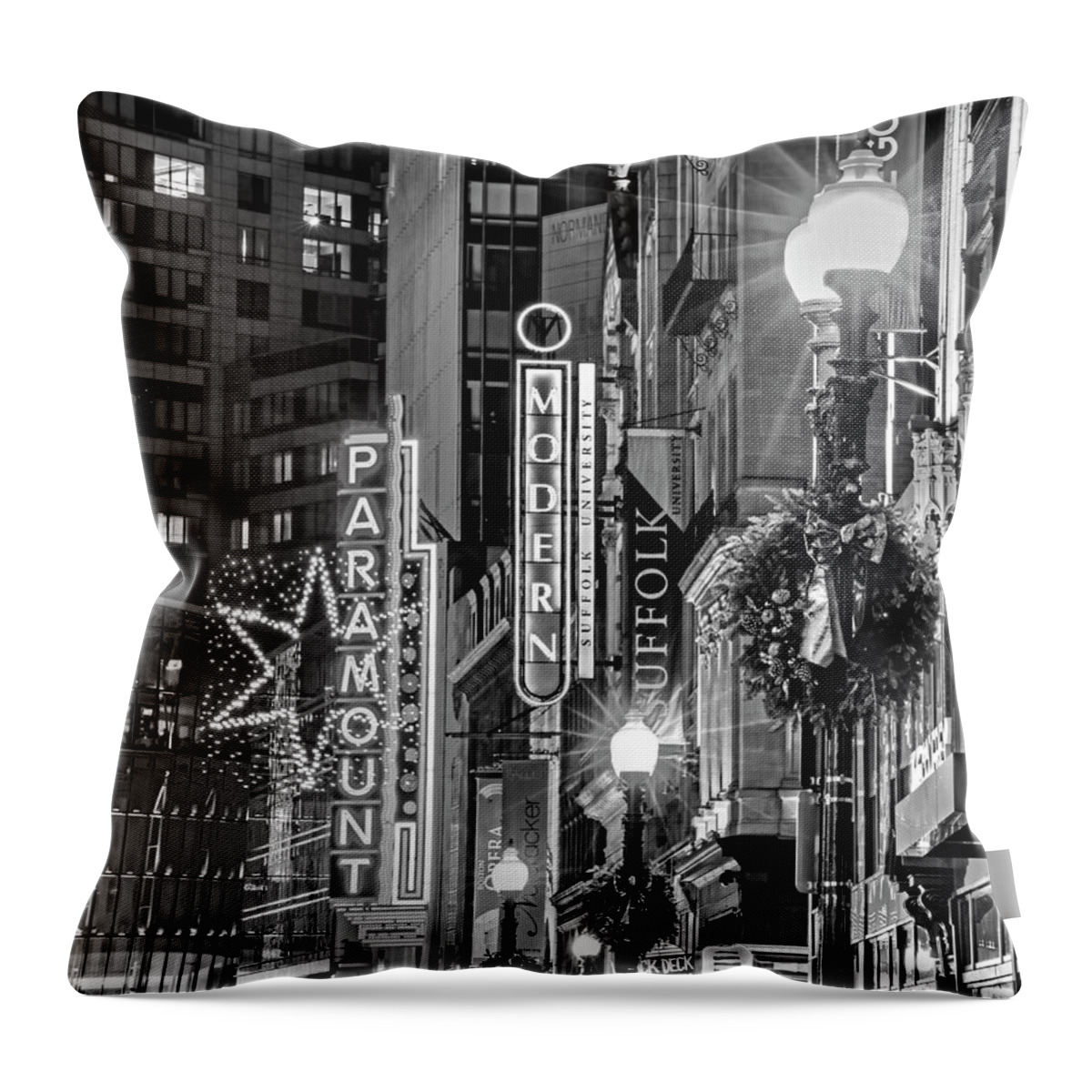 Boston Throw Pillow featuring the photograph Christmas in Downtown Boston MA Paramounr Washington Street Black and White by Toby McGuire