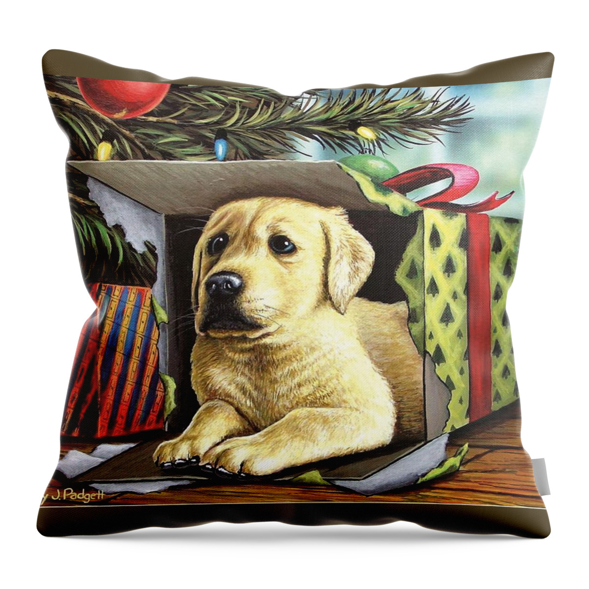 Yellow Lab Throw Pillow featuring the painting Christmas Pup by Anthony J Padgett