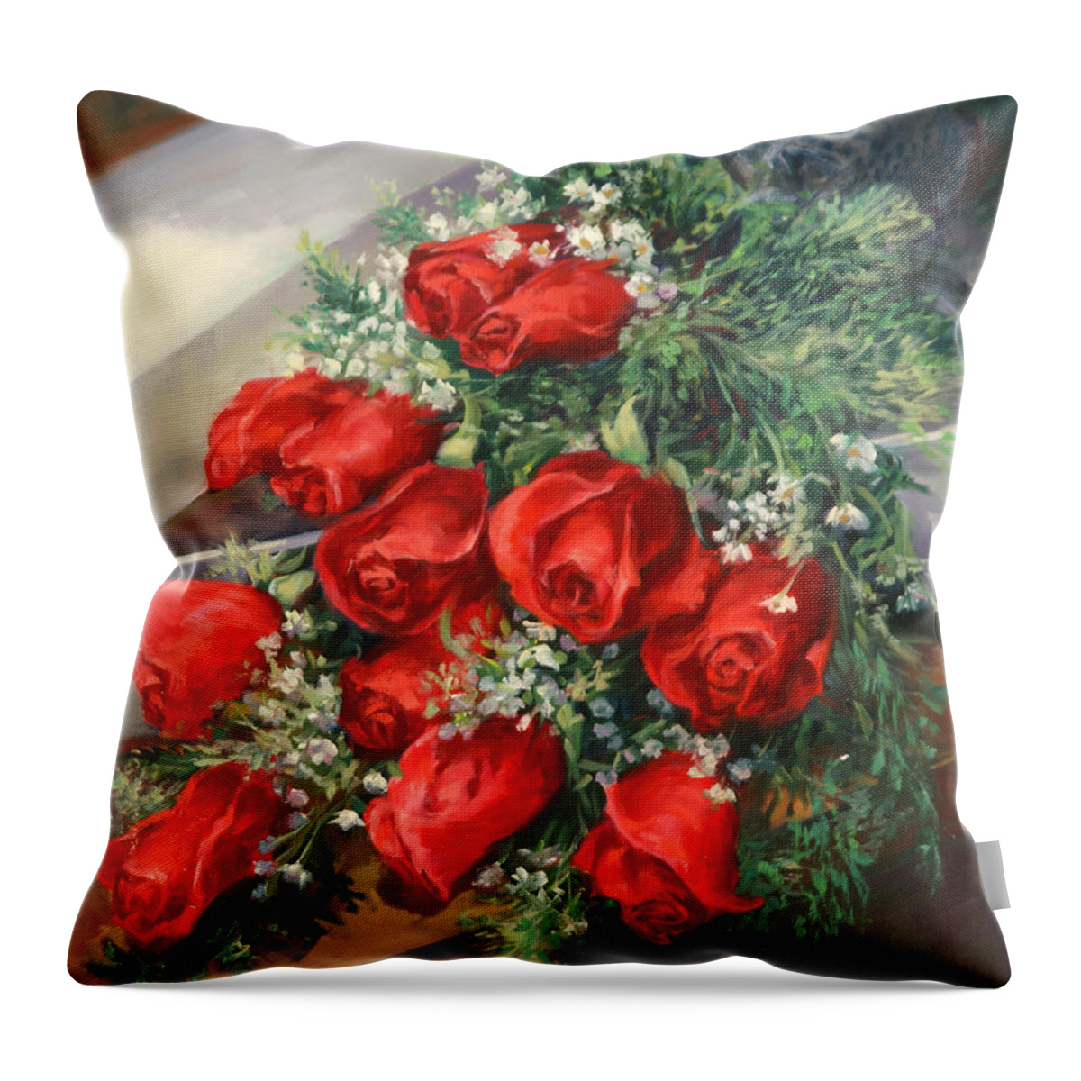 Red Roses Throw Pillow featuring the painting Christmas Red Roses by Laurie Snow Hein