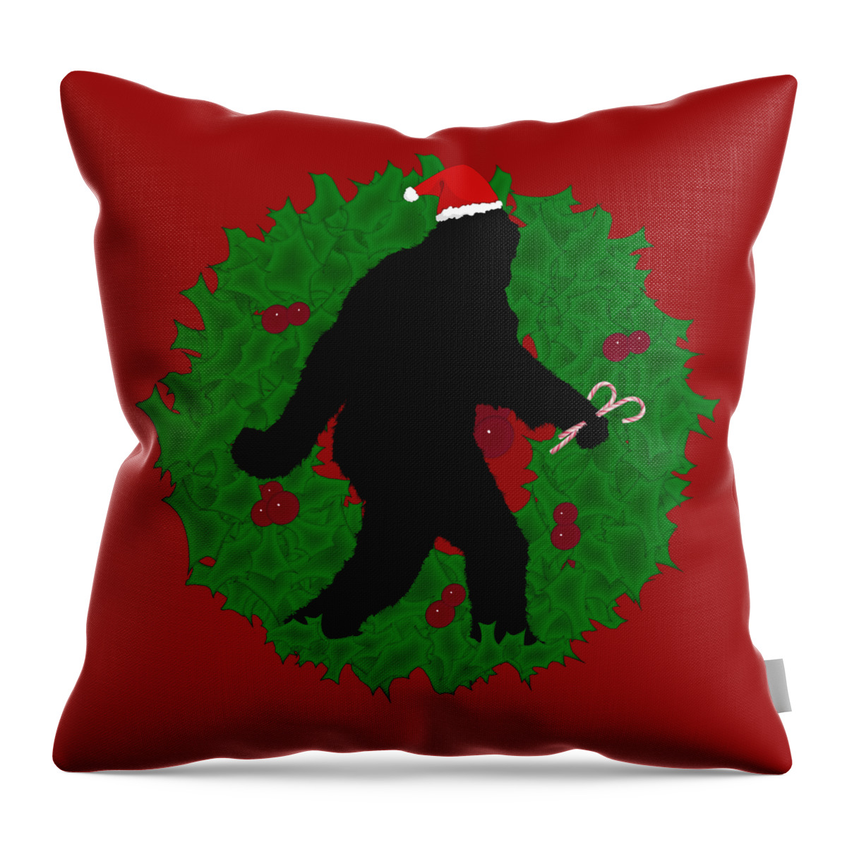Merry Christmas Throw Pillow featuring the digital art Christmas Sasquatch with Wreath by Gravityx9 Designs