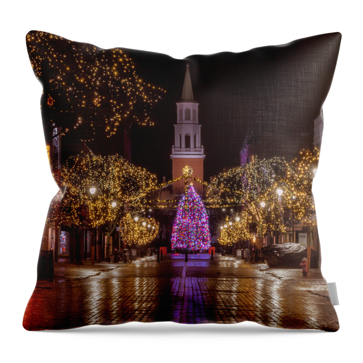 Burlington Vermont Throw Pillow featuring the photograph Christmas time on Church Street. by New England Photography