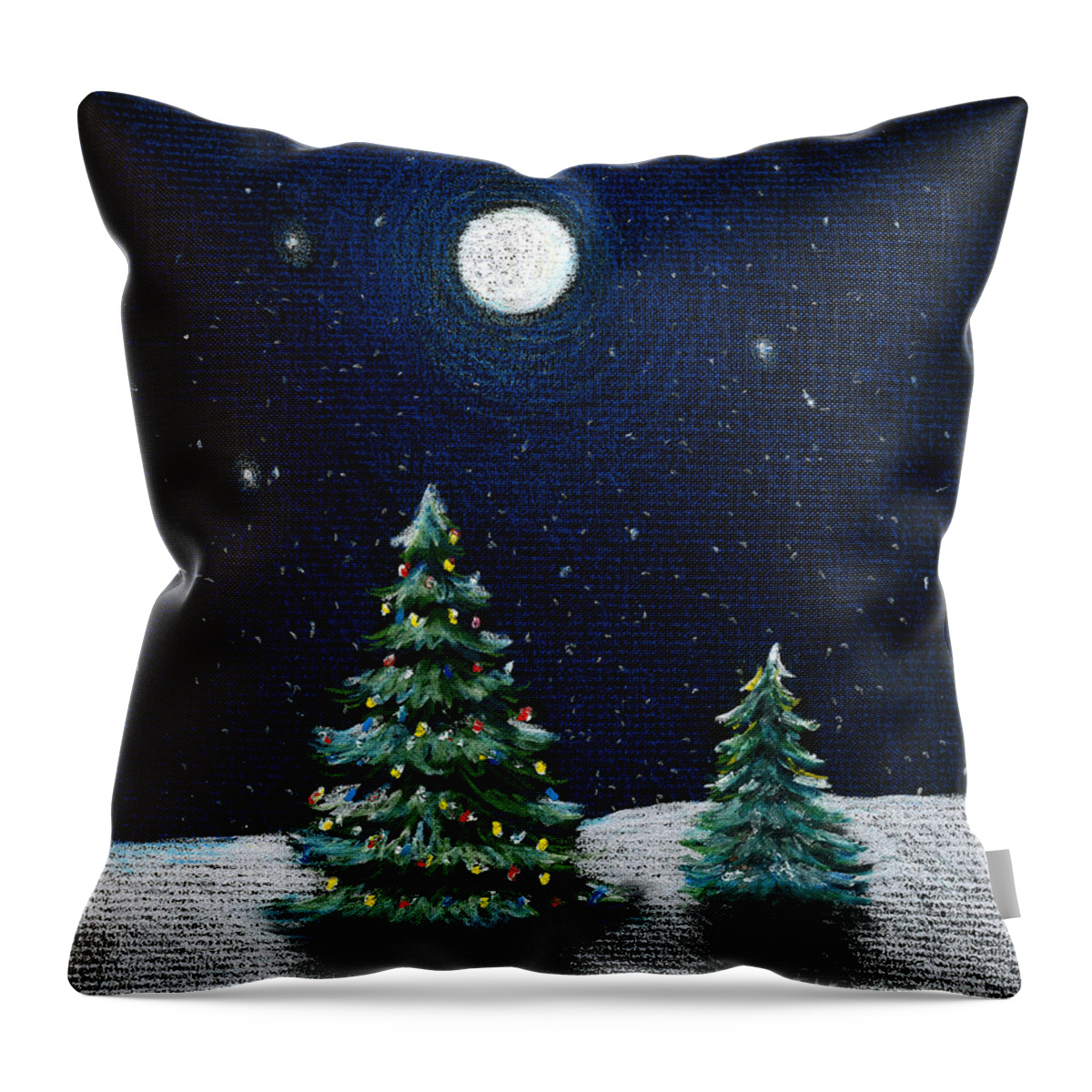 Christmas Trees Throw Pillow featuring the drawing Christmas Trees in the Moonlight by Nancy Mueller