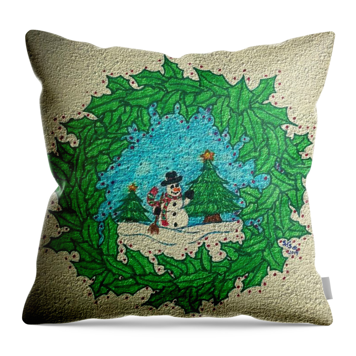 Christmas Throw Pillow featuring the drawing Christmas Wreath by Susan Turner Soulis
