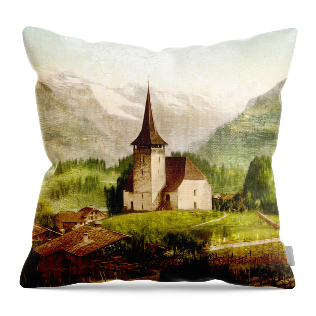 Church In The Alps Throw Pillow featuring the photograph CHURCH iN THE ALPS by Carlos Diaz