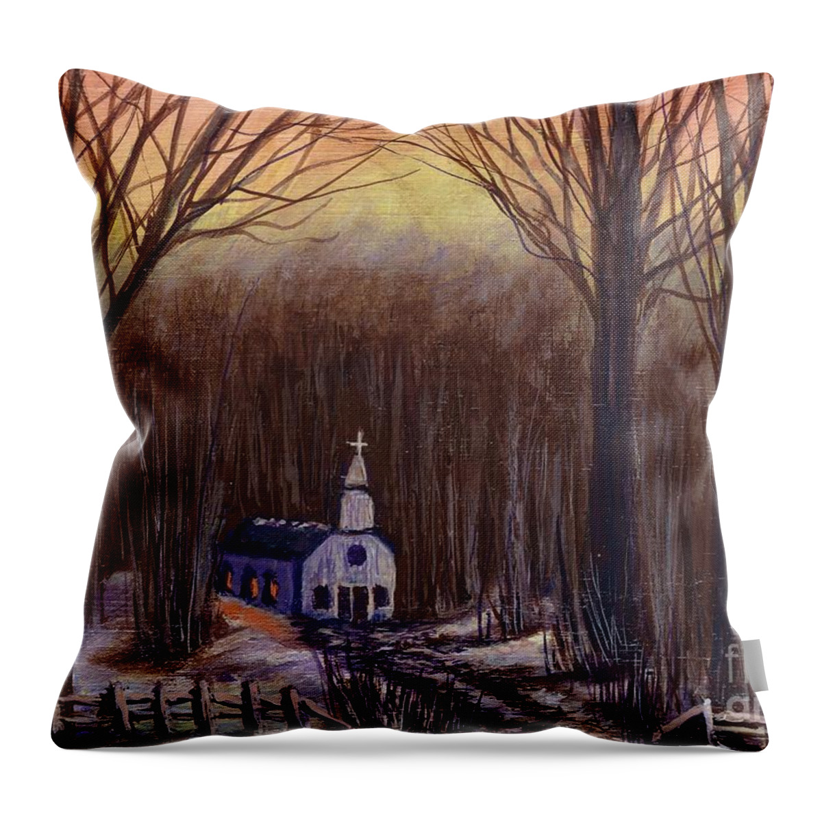 #church #forest #snow #rural #snow #christmas #trees #winter Throw Pillow featuring the painting Church in the Woods by Allison Constantino