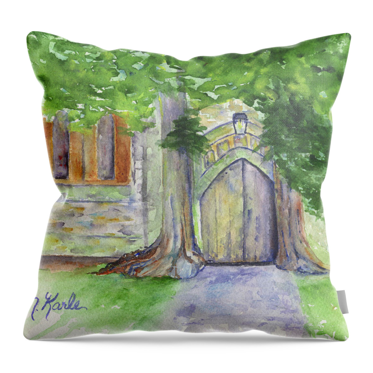 Church Throw Pillow featuring the painting Church Trees by Marsha Karle