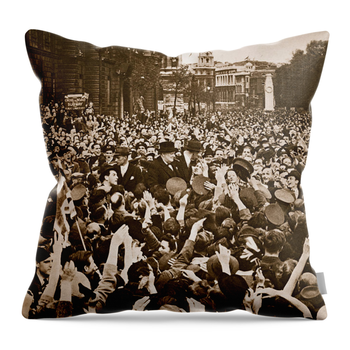 Churchill Throw Pillow featuring the photograph Churchill mobbed in Whitehall on VE Day by English School