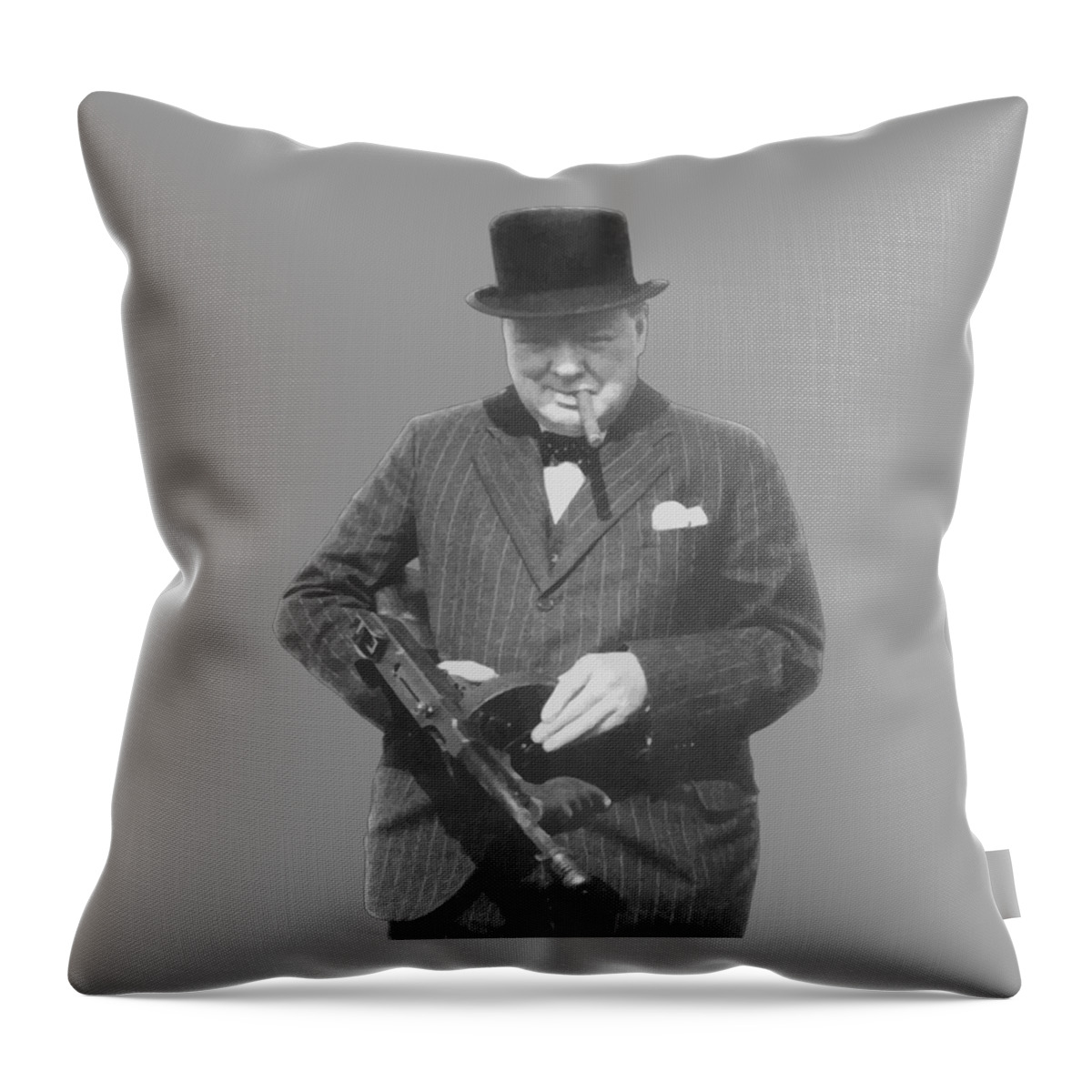 Winston Churchill Throw Pillow featuring the painting Churchill Posing With A Tommy Gun by War Is Hell Store