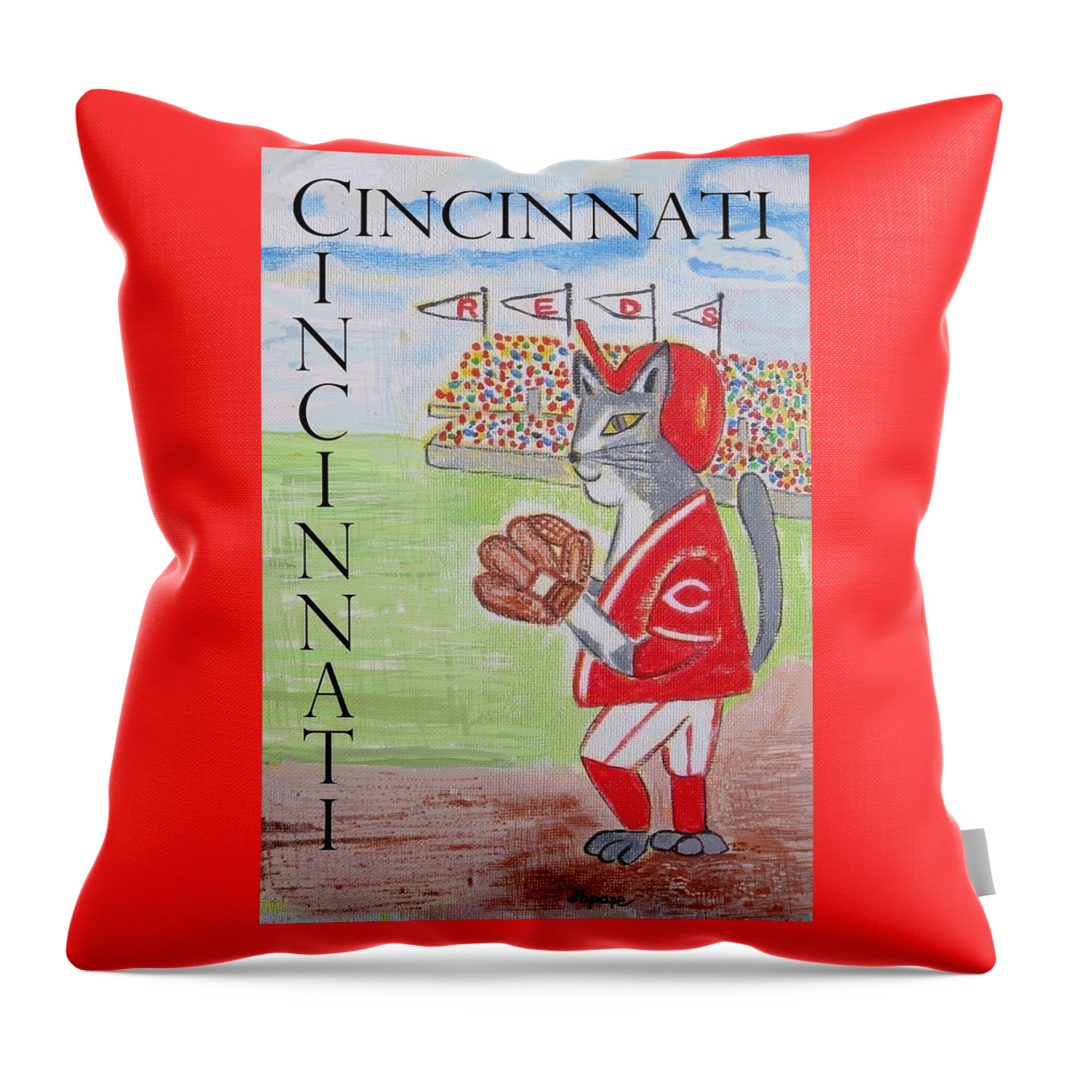 Cincinnati Throw Pillow featuring the painting Cinci Reds Cat by Diane Pape