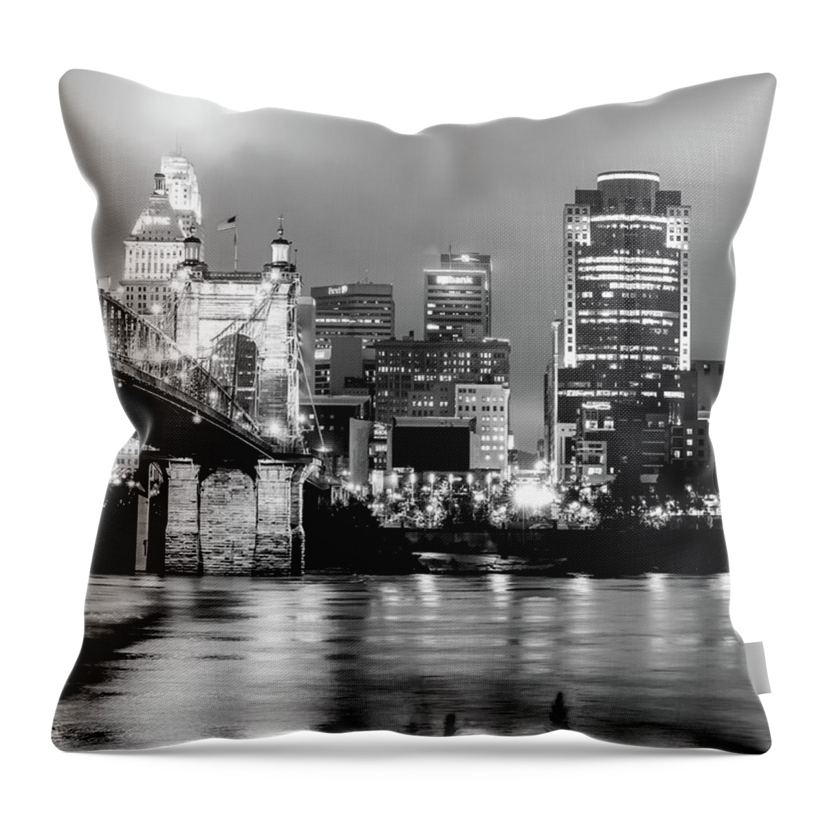 Cincinnati Skyline Throw Pillow featuring the photograph Cincinnati Ohio Skyline and the Ohio River - Black and White by Gregory Ballos
