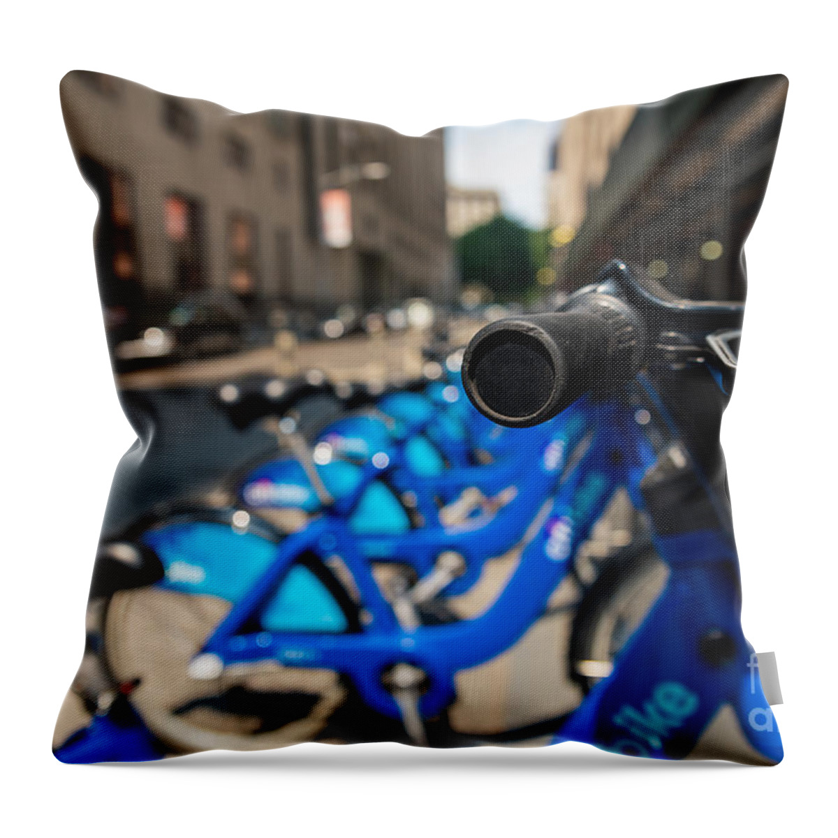 Flatiron Building Throw Pillow featuring the photograph Citibike Handle Manhattan Color by Alissa Beth Photography