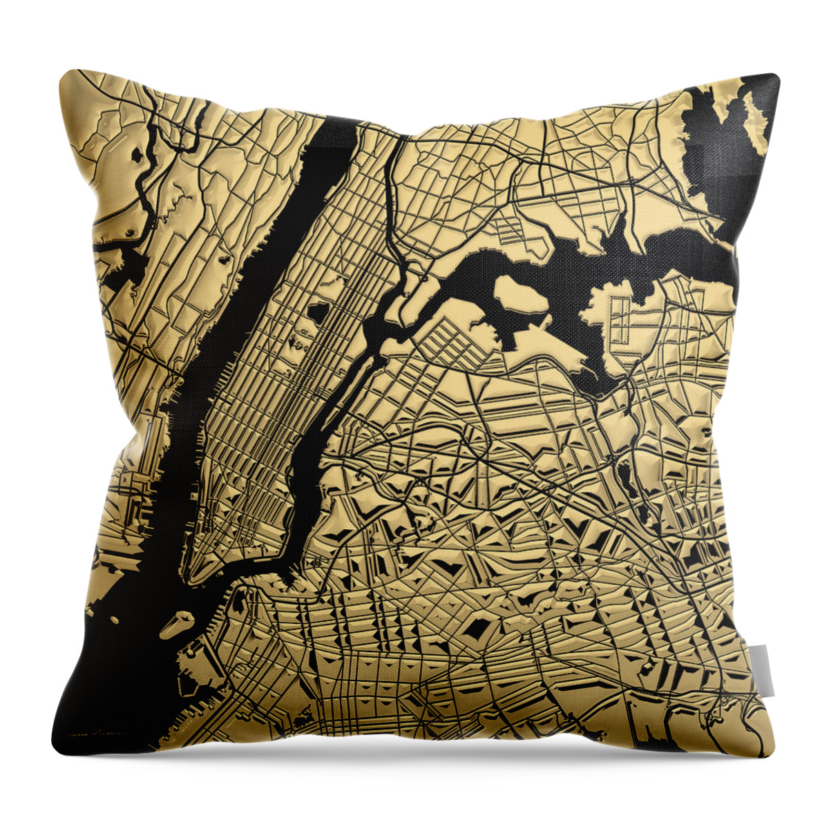 'nyc ' Collection By Serge Averbukh Throw Pillow featuring the digital art Cities of Gold - Golden City Map New York on Black by Serge Averbukh