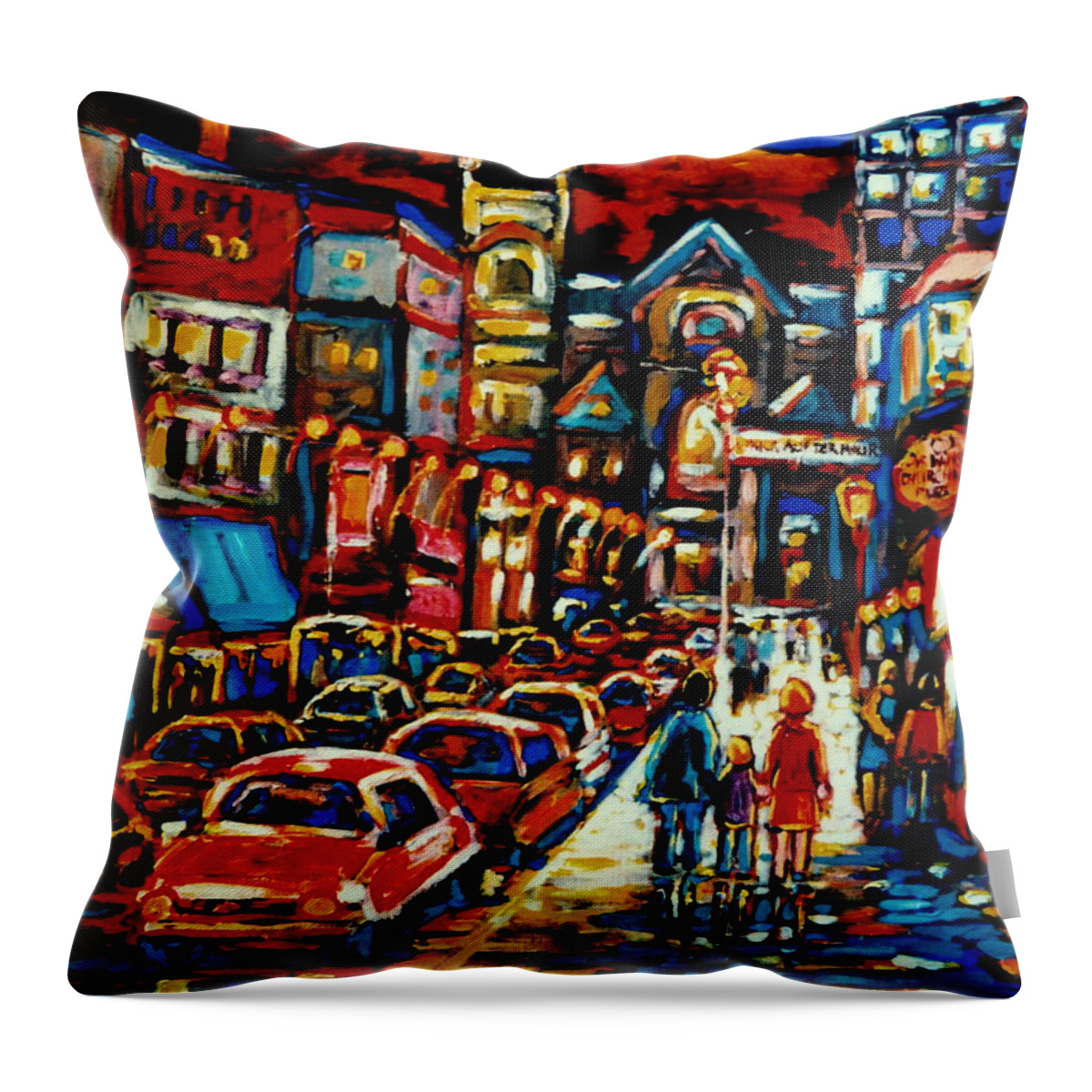 City At Night Downtown Montreal Montreal Throw Pillow featuring the painting City At Night Downtown Montreal by Carole Spandau