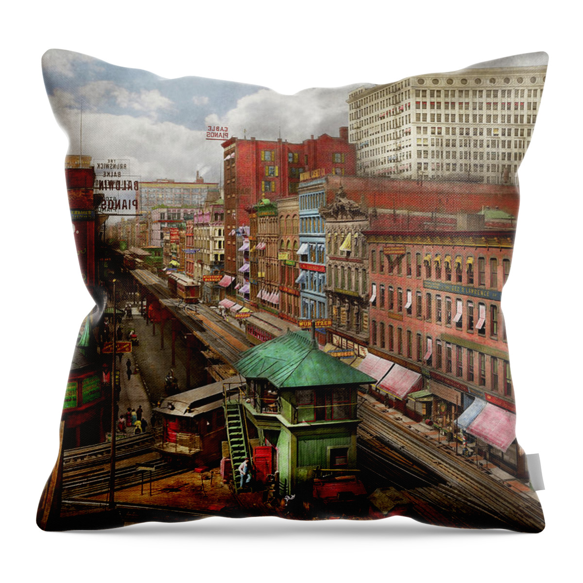 Color Throw Pillow featuring the photograph City - Chicago - Piano Row 1907 by Mike Savad