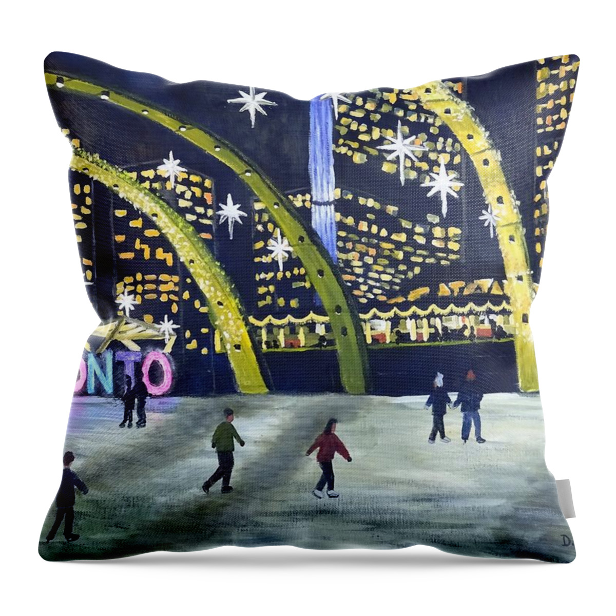 Toronto. Toronto Sign Throw Pillow featuring the painting City Hall Christmas by Diane Arlitt