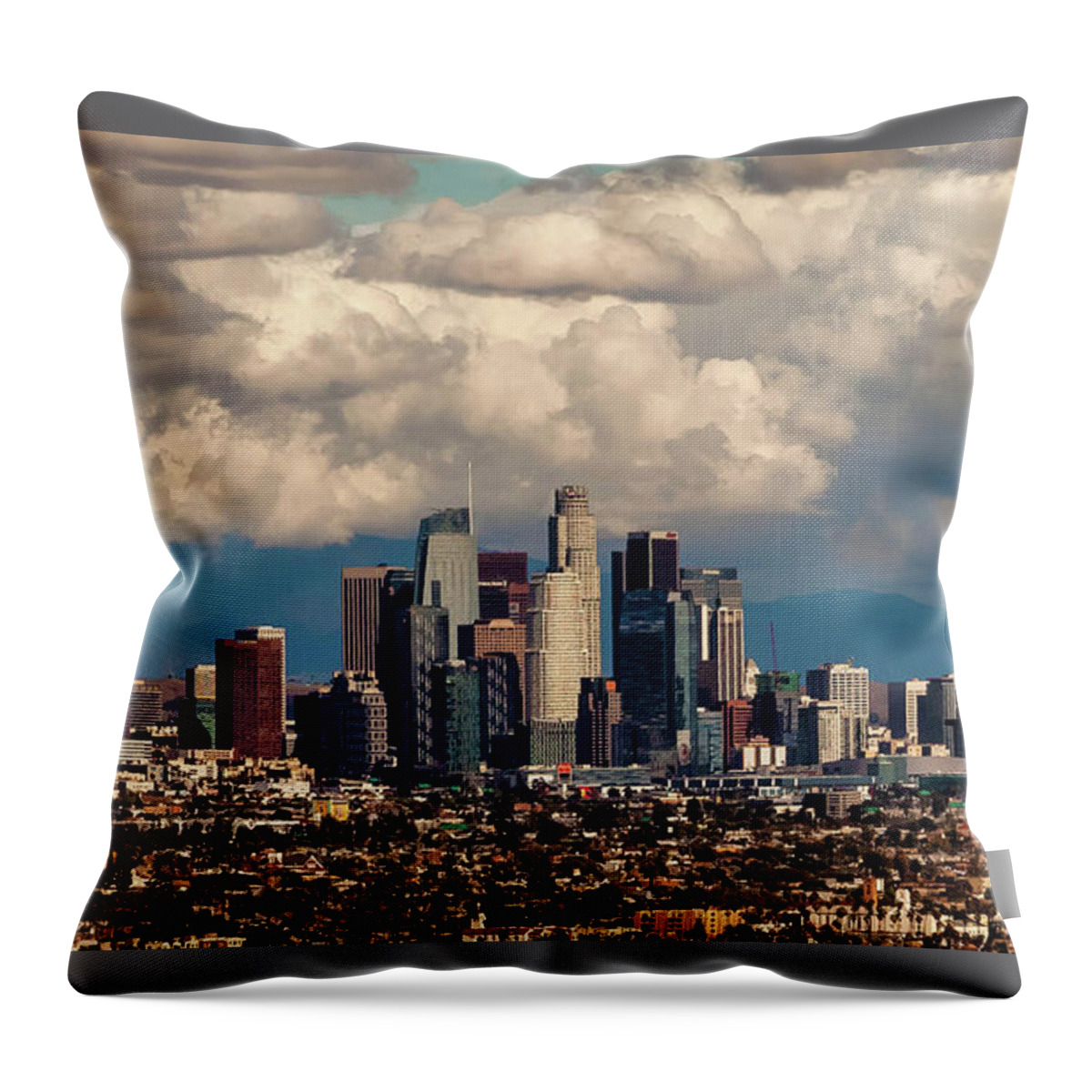 Los Angeles Skyline Throw Pillow featuring the photograph City in The Clouds by April Reppucci