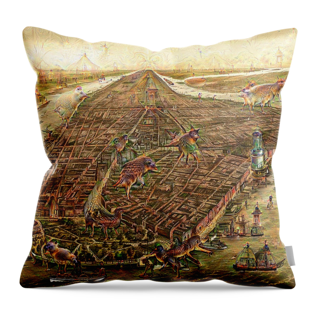 Map Throw Pillow featuring the digital art City map New York Manhattan 1870 Deep Dream by Matthias Hauser