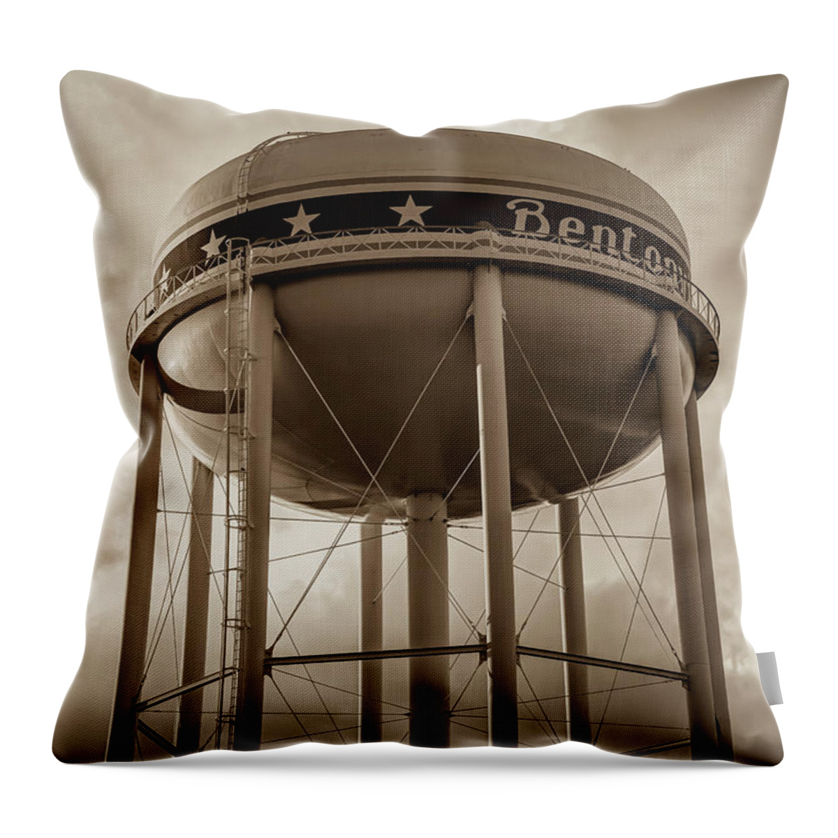 Bentonville Water Tower Throw Pillow featuring the photograph City of Bentonville Arkansas Water Tower - Sepia by Gregory Ballos