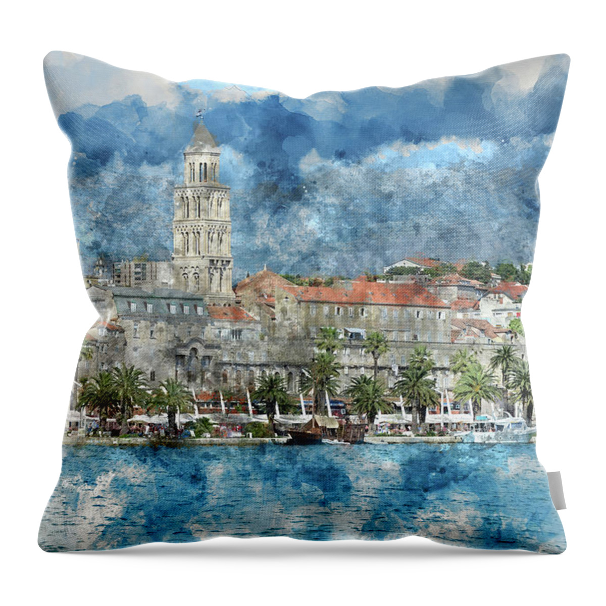 Ancient Throw Pillow featuring the photograph City of Split in Croatia with Birds Flying in the Sky by Brandon Bourdages