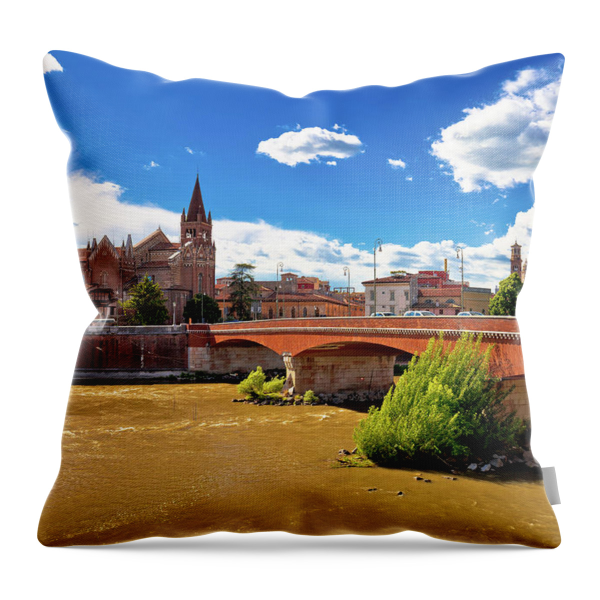 San Fermo Throw Pillow featuring the photograph City of Verona Adige river and San Fermo Maggiore church by Brch Photography