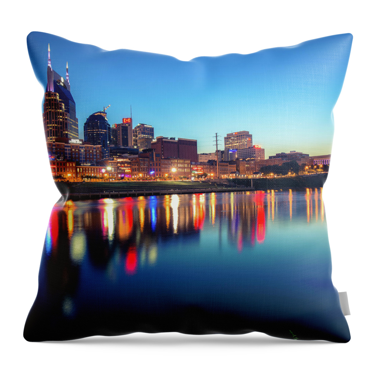 Nashville Skyline Throw Pillow featuring the photograph City Skyline of Nashville Tennessee - Square Art by Gregory Ballos