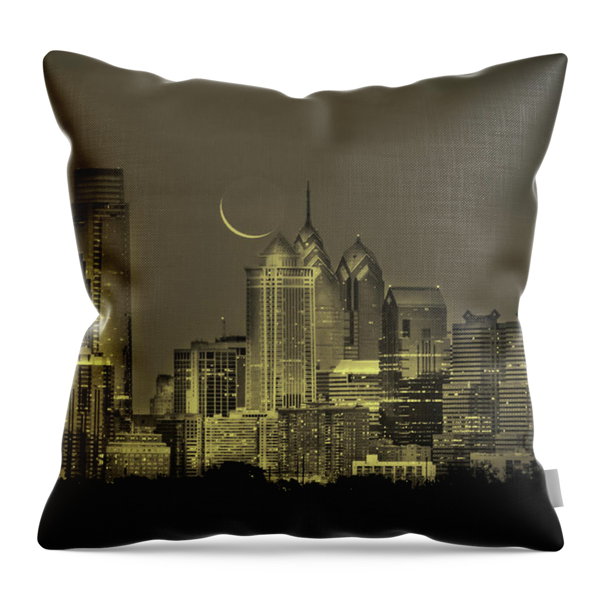Cityscape Throw Pillow featuring the photograph Cityscape - Philadelphia Pennsylvania- Cresent Moon in Sepia by Bill Cannon