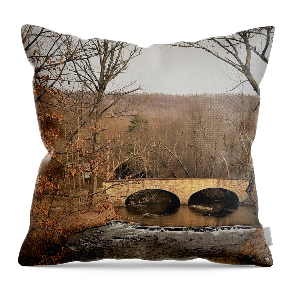 Stone Throw Pillow featuring the photograph Clarks Valley Stone Bridge by Jacqueline Whitcomb