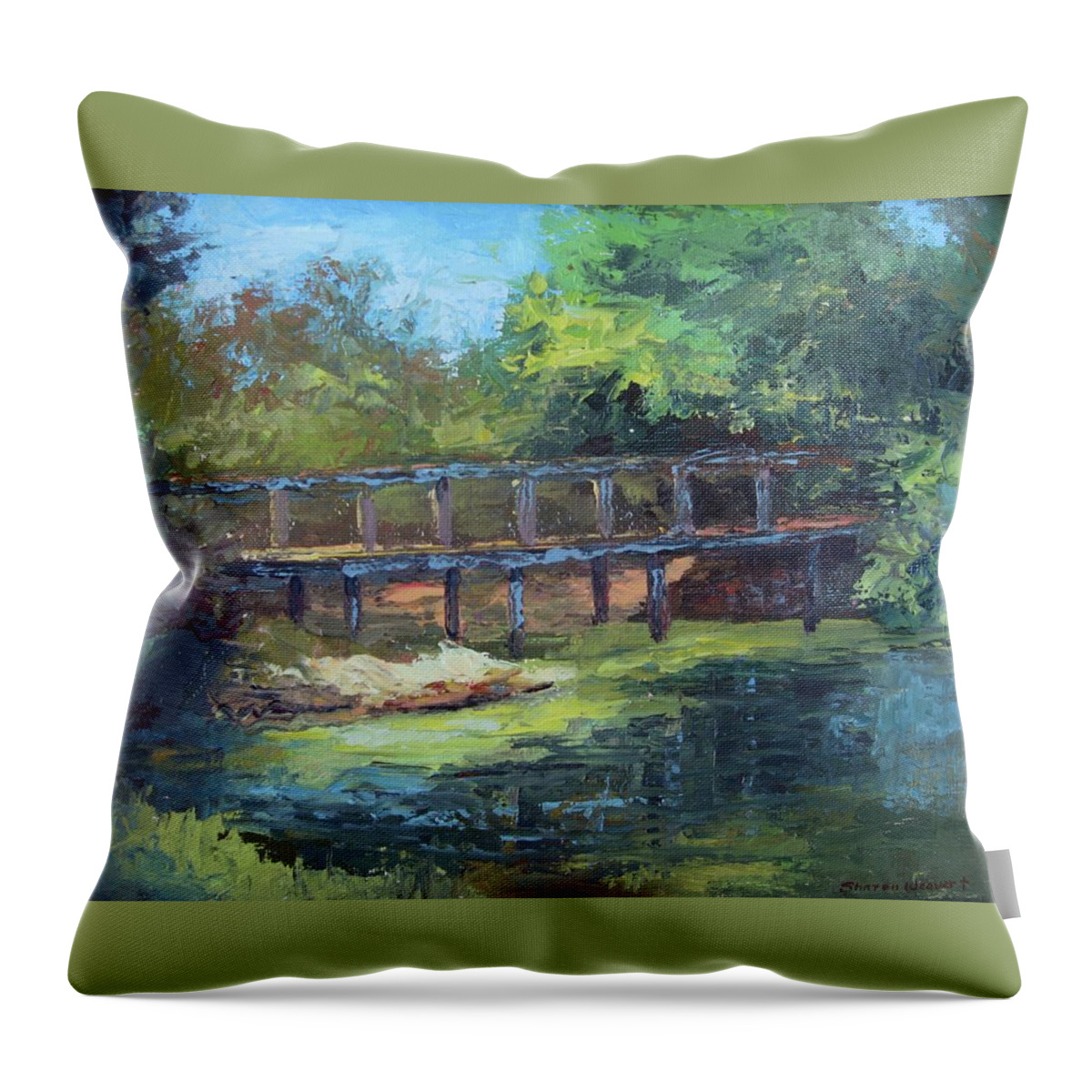Bridge Throw Pillow featuring the painting Clearfork Bridge by Sharon Weaver