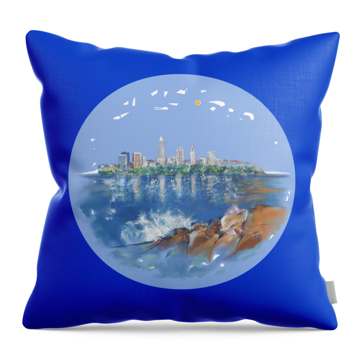 Cleveland Throw Pillow featuring the digital art Cleveland skyline plate by Mary Armstrong