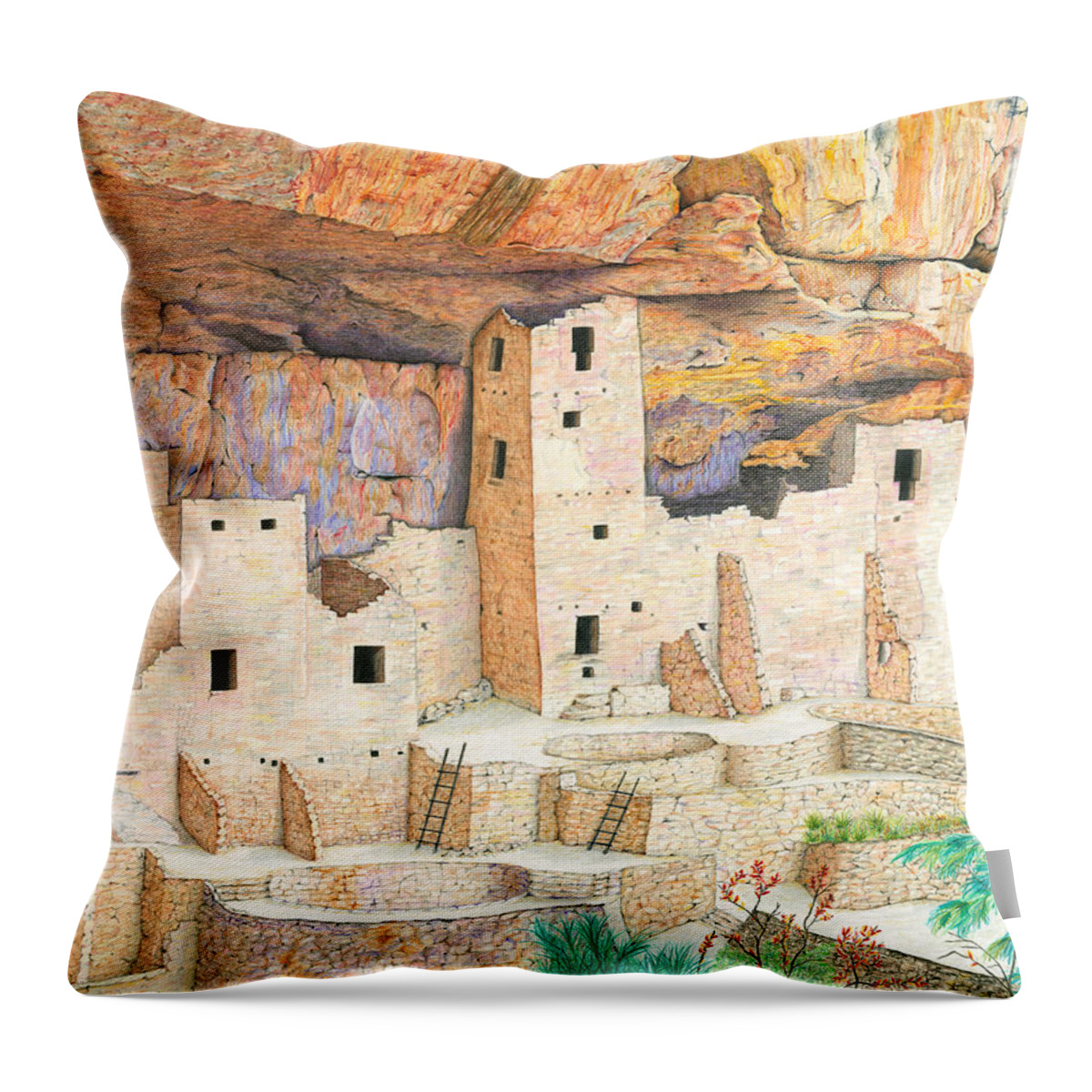 Colored Pencil Throw Pillow featuring the drawing Cliff Dwellings of Old by Diana Hrabosky