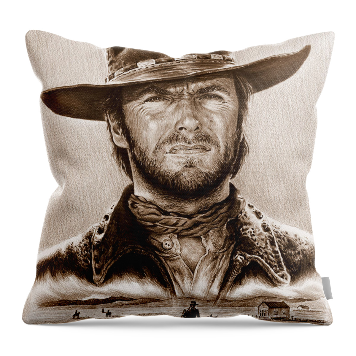 Clint Eastwood Throw Pillow featuring the drawing Clint Eastwood The Stranger by Andrew Read