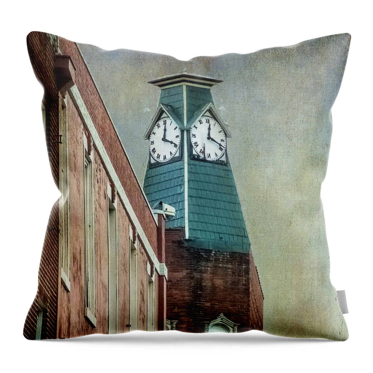 Clock Throw Pillow featuring the photograph Clock Tower Downtown Statesville North Carolina by Melissa Bittinger