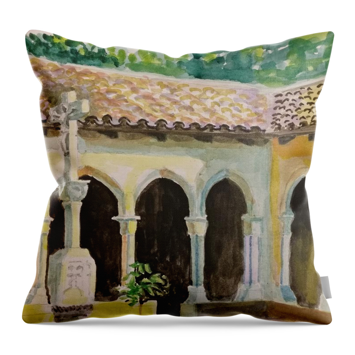 Arches Throw Pillow featuring the painting Cloister, NYC by Nicolas Bouteneff