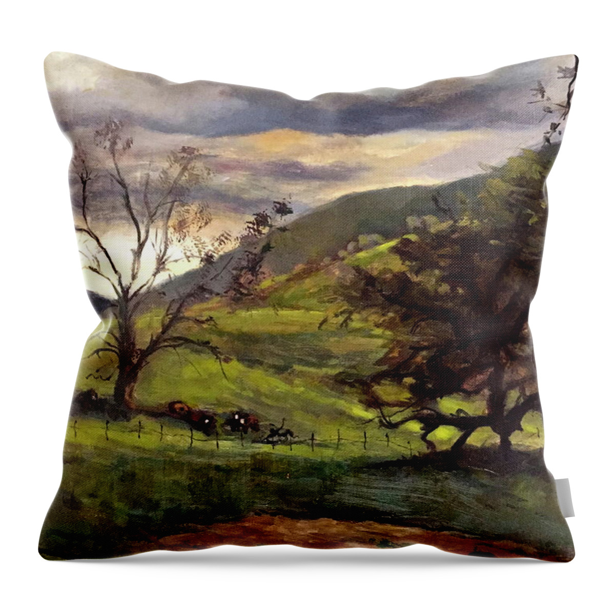 Cattle Gather Together As The Sky Darkens Throw Pillow featuring the painting Clouds and cattle by Joyce Snyder